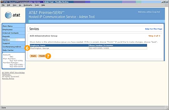 Screen capture - Services - Add Admin Group - Step 3 of 3