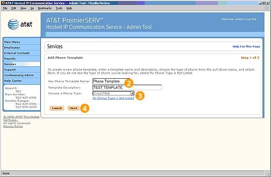Screen capture - Services - Add Phone Template - Step 1 of 2