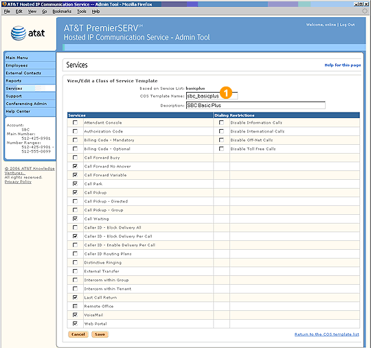 Screen capture - Services - Add a New Class of Service Template