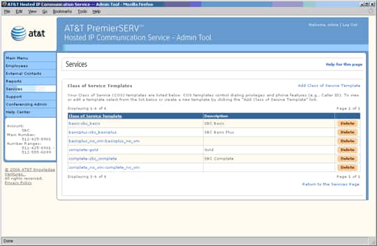 Screen capture - Services - Class of Service Templates