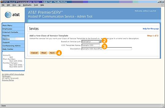 Screen capture - Services - Add Class of Service Template - Step 1 of 2