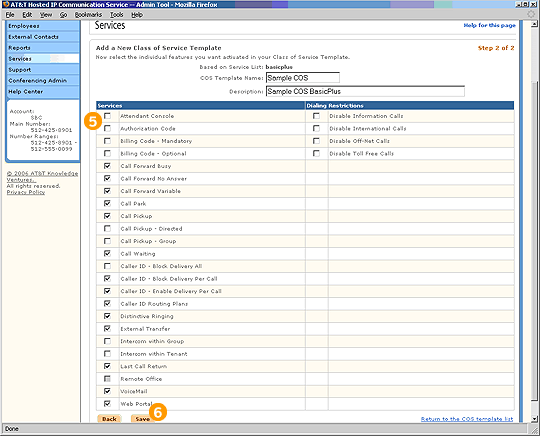 Screen capture - Services - Add Class of Service Template - Step 2 of 2