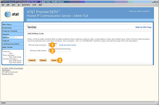 Screen capture - Services - Add Billing Code