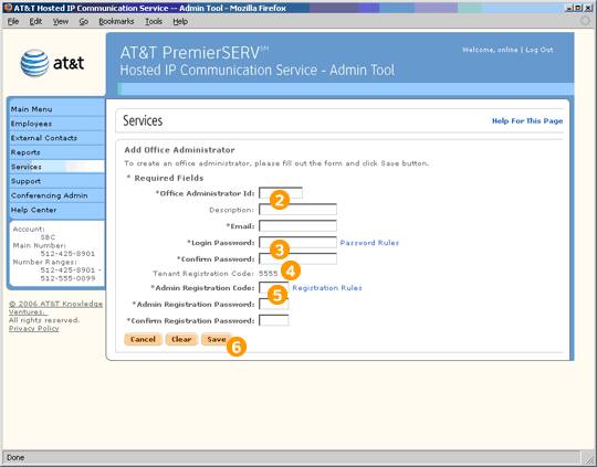 Screen capture - Services - Add Office Administrator