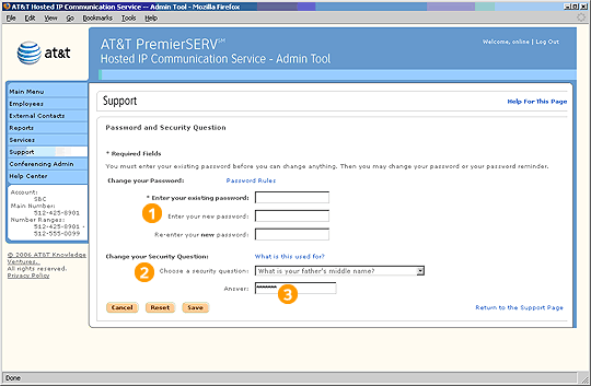Screen capture - Support - Change Password