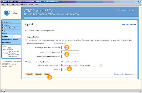 Screen capture - Support - Change Password and Security Question