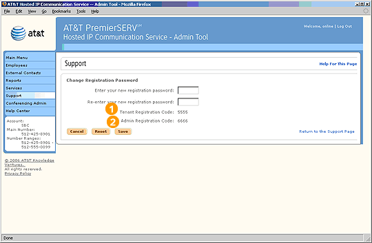Screen capture - Support - Change Registration Password