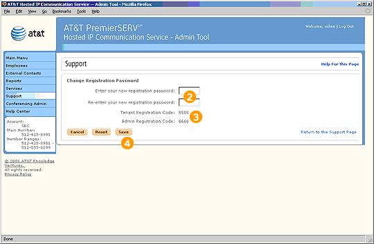 Screen capture - Support - Change Registration Password