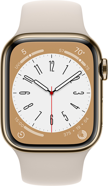 Apple Watch Series 8 - 41 mm - Acero dorado, correa deportiva blanco estelar, M/L