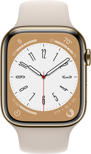 Apple Watch Series 8 - 45 mm - Acero dorado, correa deportiva blanco estelar, M/L