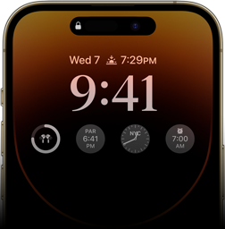 The front view of iPhone 14 Pro showcasing Always-on display with the time, date, four widgets, and more.