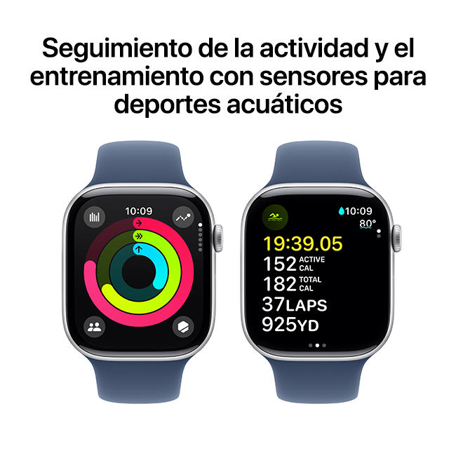 Apple Watch Series 10 de 46 mm, aluminio plateado con correa deportiva de denim, M-L (consulta de producto 5)