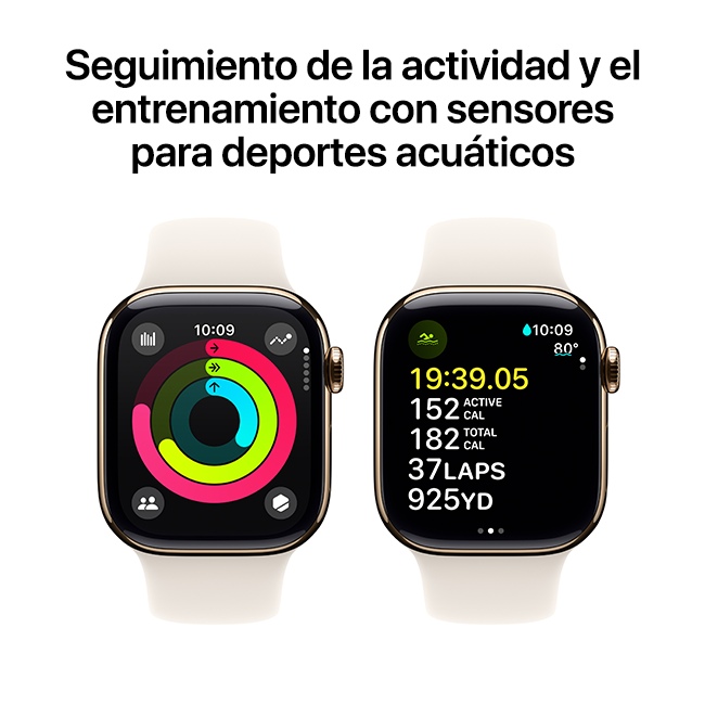 Apple Watch Series 10 de 42 mm, titanio dorado con correa deportiva blanco estelar, M-L (consulta de producto 5)