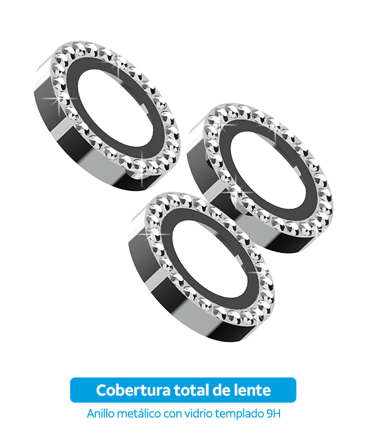 Anillos protectores de vidrio para cámara AT&T Essentials para iPhone 16 Pro/16 Pro Max, plateado con gemas (consulta de producto 2)