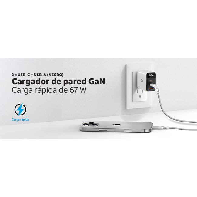 Cargador de pared GaN AT&T Essentials con varios puertos, de 67 W con pantalla LED (2 USBC + 1 USBA)