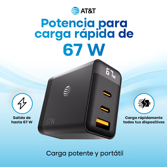 Cargador de pared GaN AT&T Essentials con varios puertos, de 67 W con pantalla LED (2 USBC + 1 USBA)