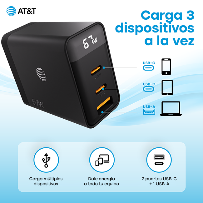 Cargador de pared GaN AT&T Essentials con varios puertos, de 67 W con pantalla LED (2 USBC + 1 USBA)