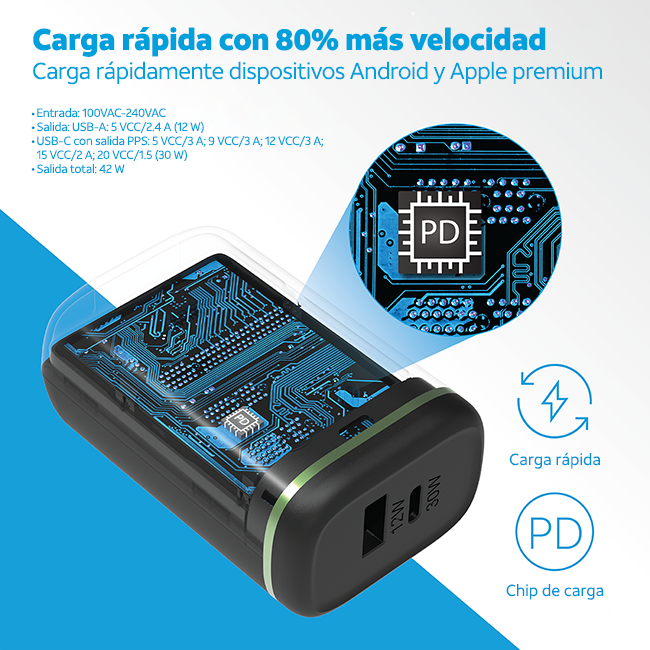 Cargador de pared Power Delivery con doble puerto de 42 W de AT&T (USB-C + USB-A), negro (consulta de producto 5)