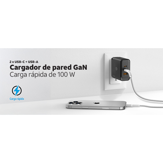 Cargador de pared GaN AT&T Essentials con varios puertos, de 100 W (2 USBC + 1 USBA), negro (consulta de producto 2)