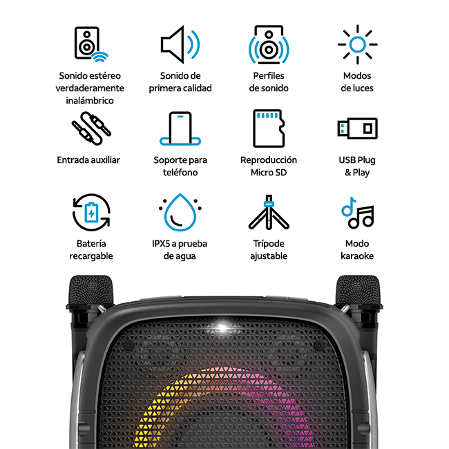 Altavoz Bluetooth para karaoke AT&T Essentials de 80 W con dos micrófonos inalámbricos + soporte, negro (consulta de producto 6)