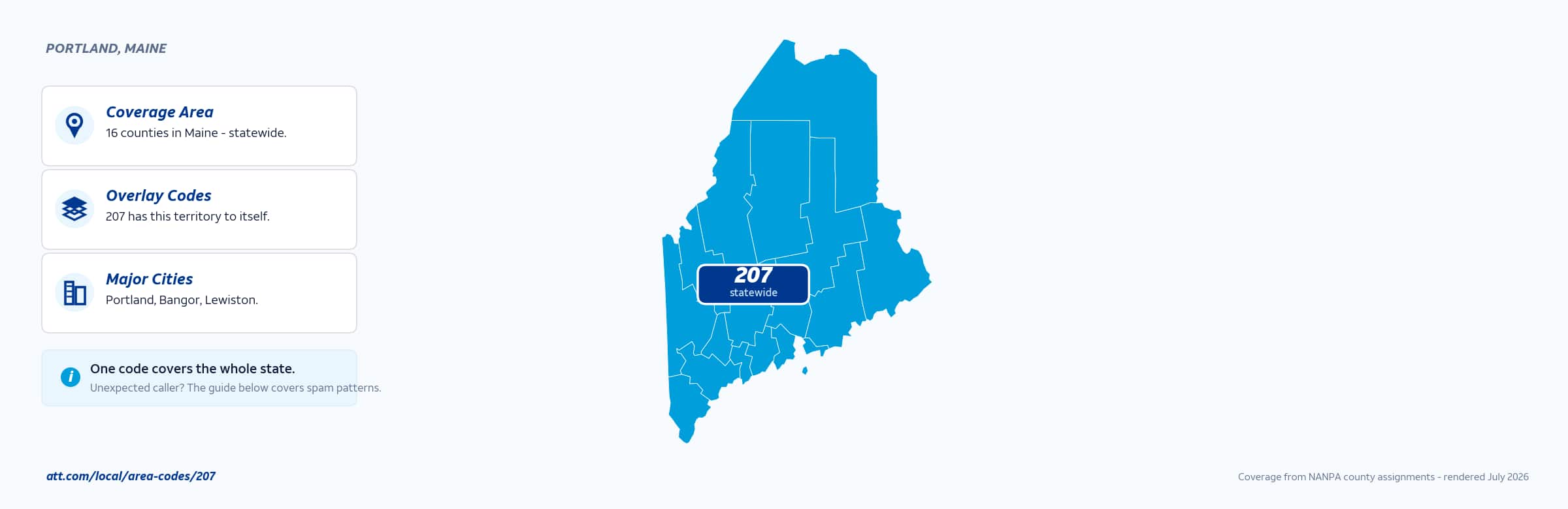 Map of area code 207 coverage in Maine