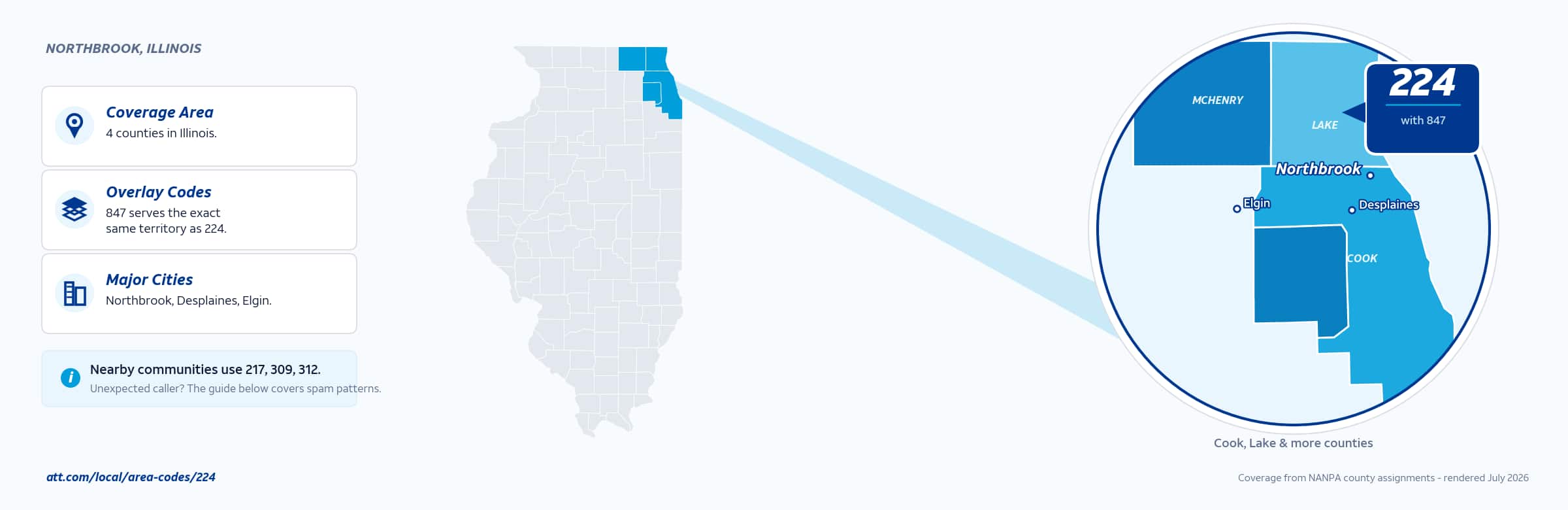 Map of area code 224 coverage in Illinois