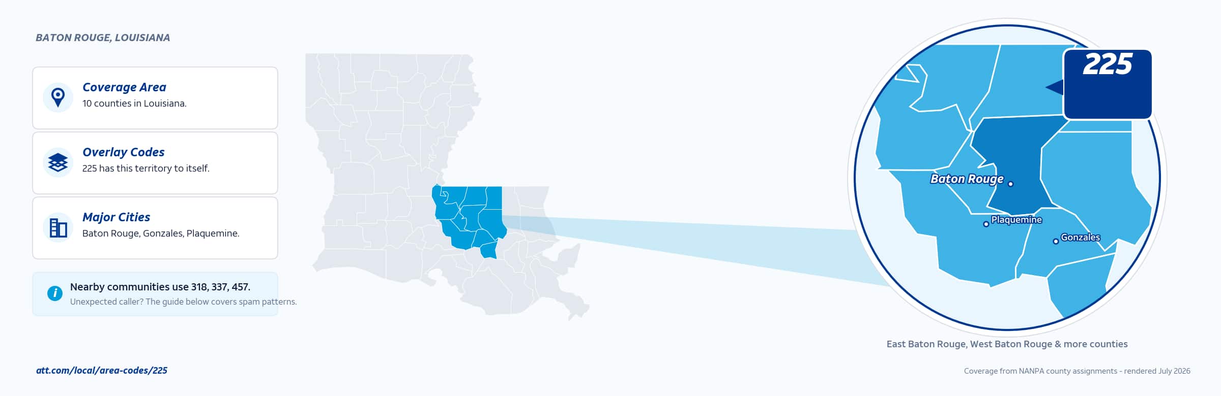 Map of area code 225 coverage in Louisiana