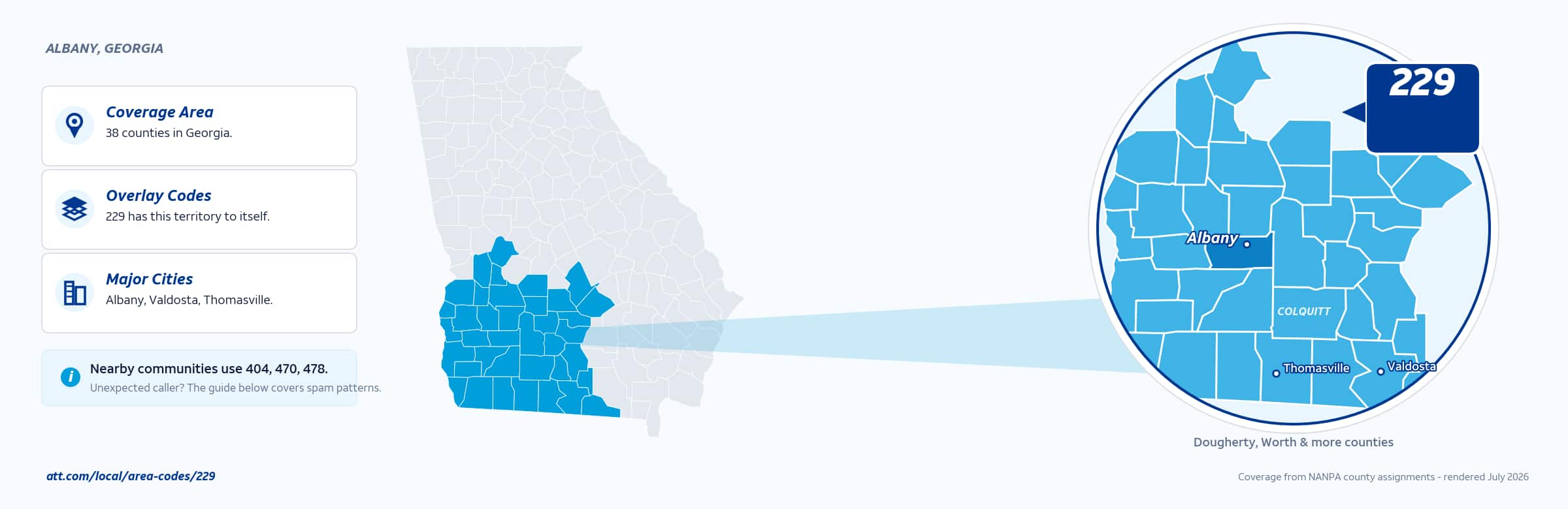 Map of area code 229 coverage in Georgia