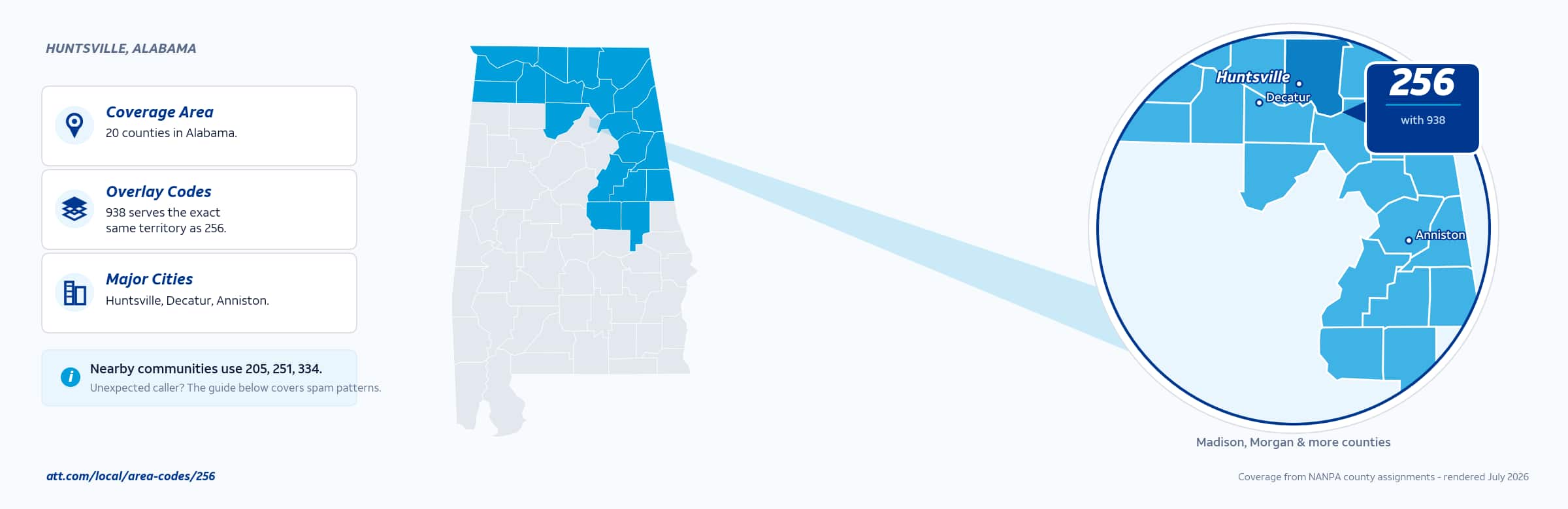 Map of area code 256 coverage in Alabama