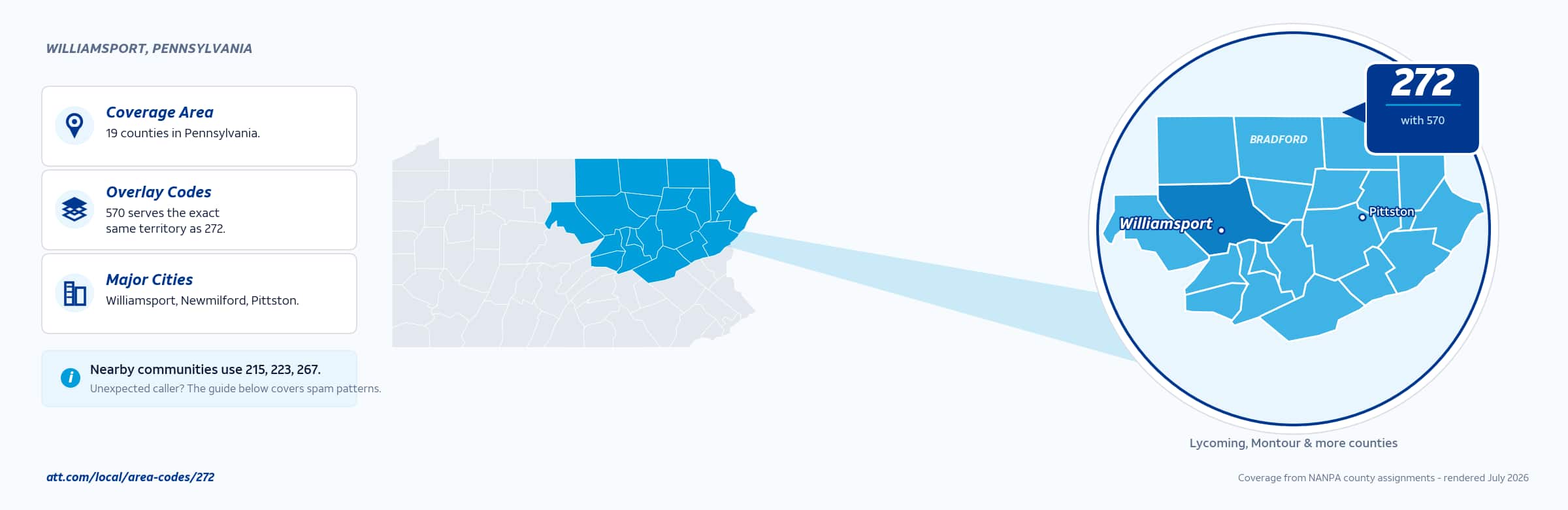 Map of area code 272 coverage in Pennsylvania