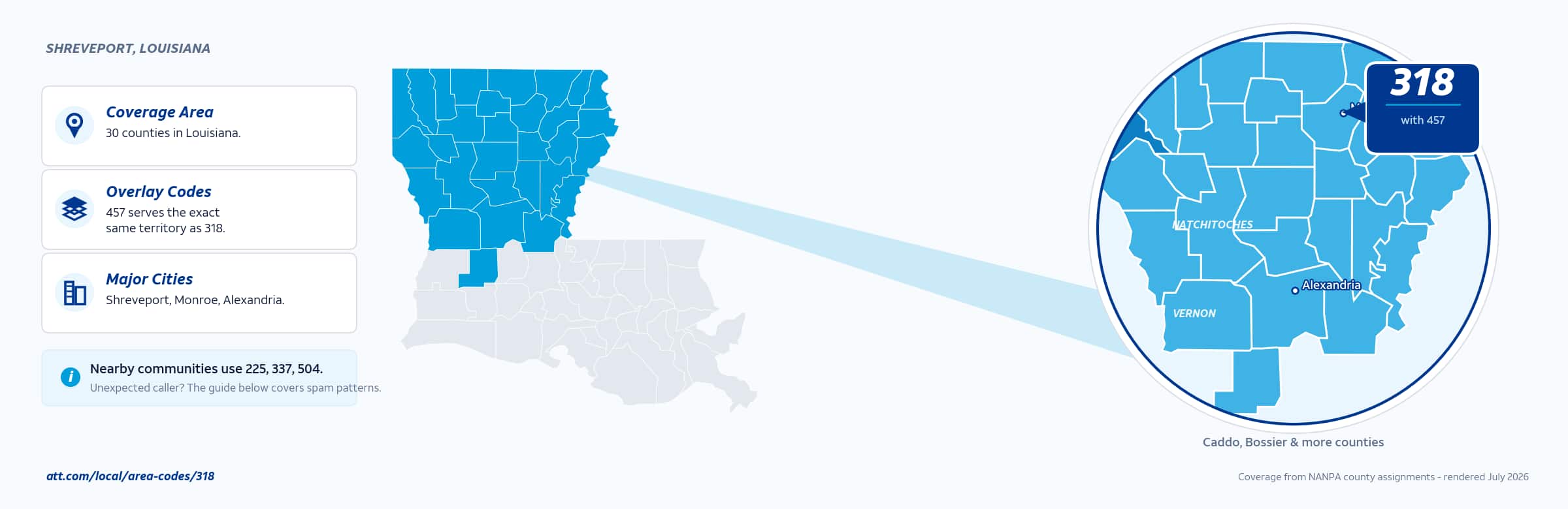 Map of area code 318 coverage in Louisiana