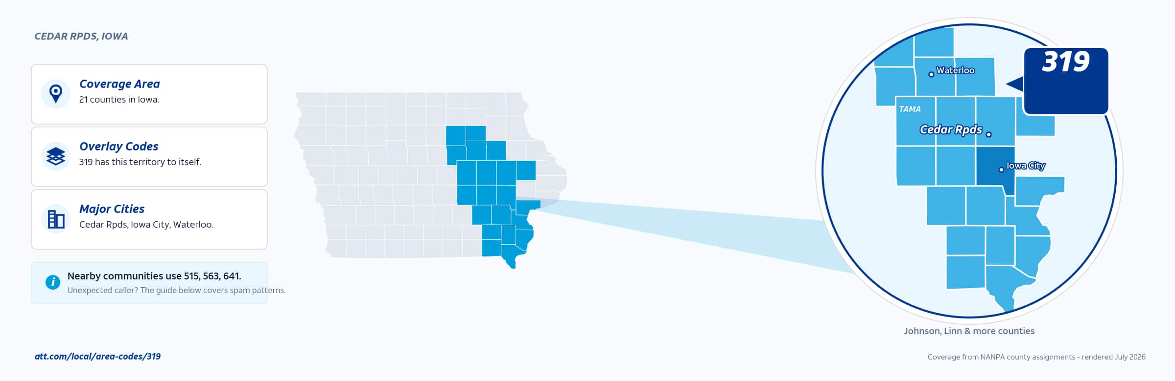 Map of area code 319 coverage in Iowa