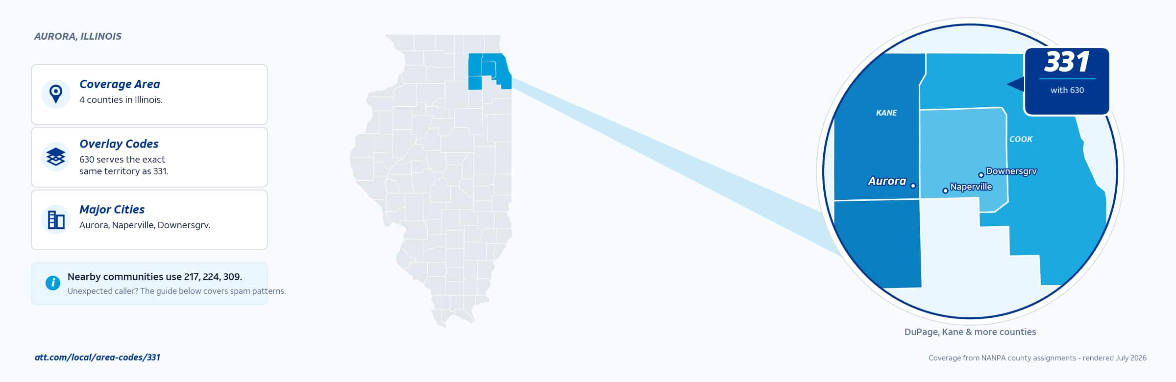 Map of area code 331 coverage in Illinois
