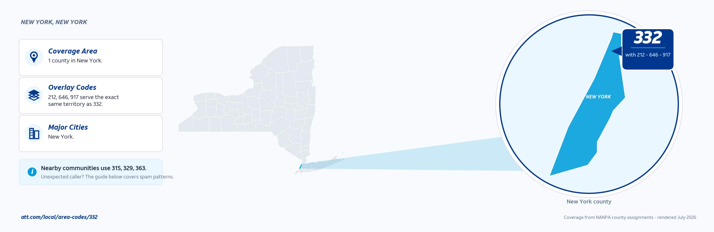 Map of area code 332 coverage in New York