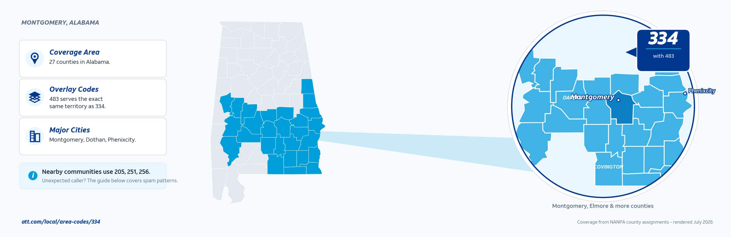 Map of area code 334 coverage in Alabama