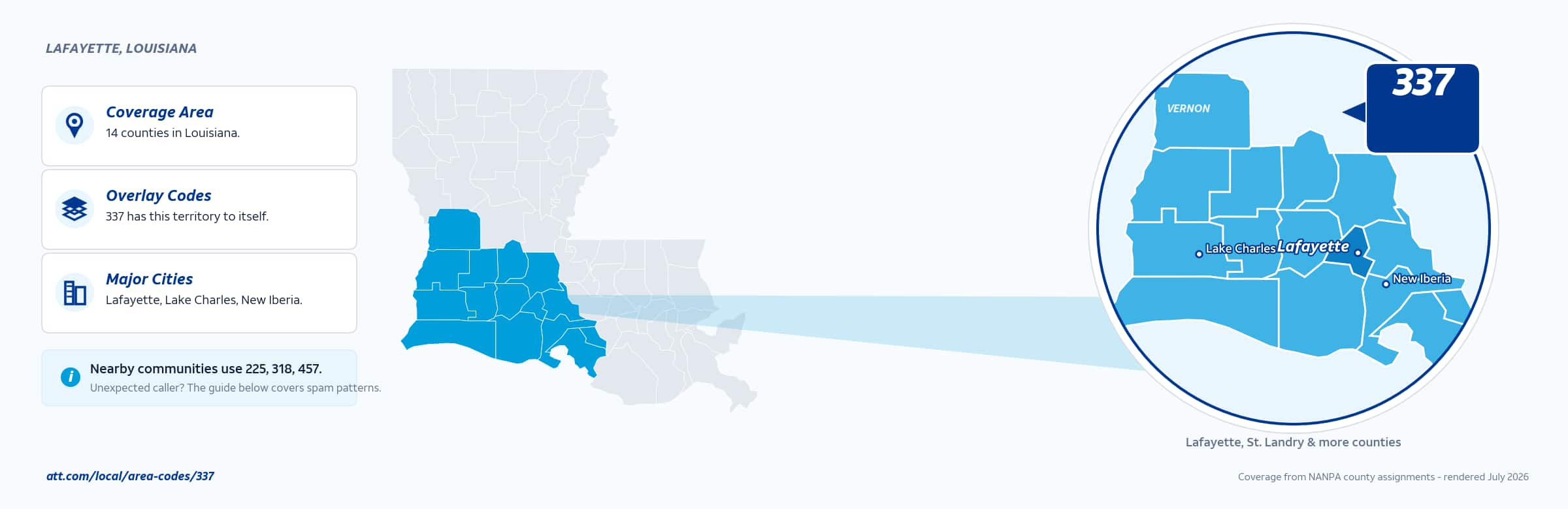 Map of area code 337 coverage in Louisiana