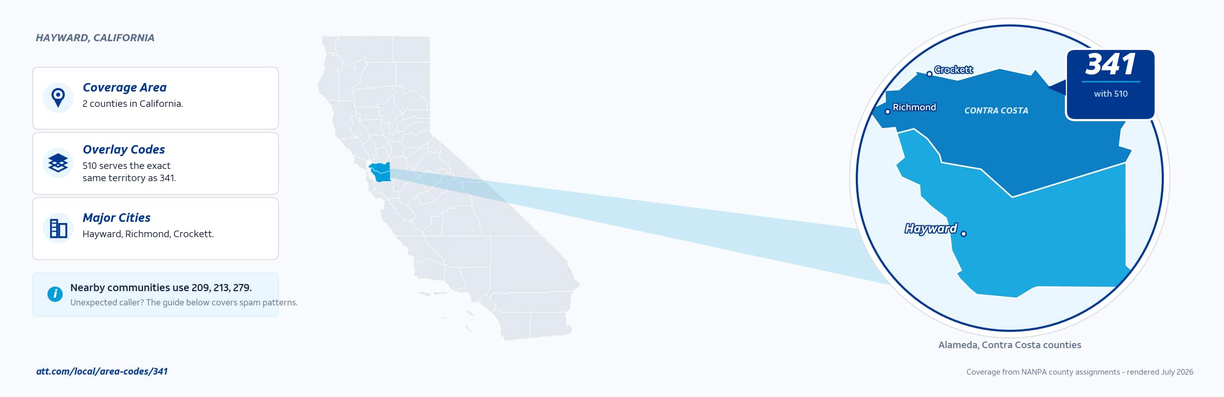 Map of area code 341 coverage in California