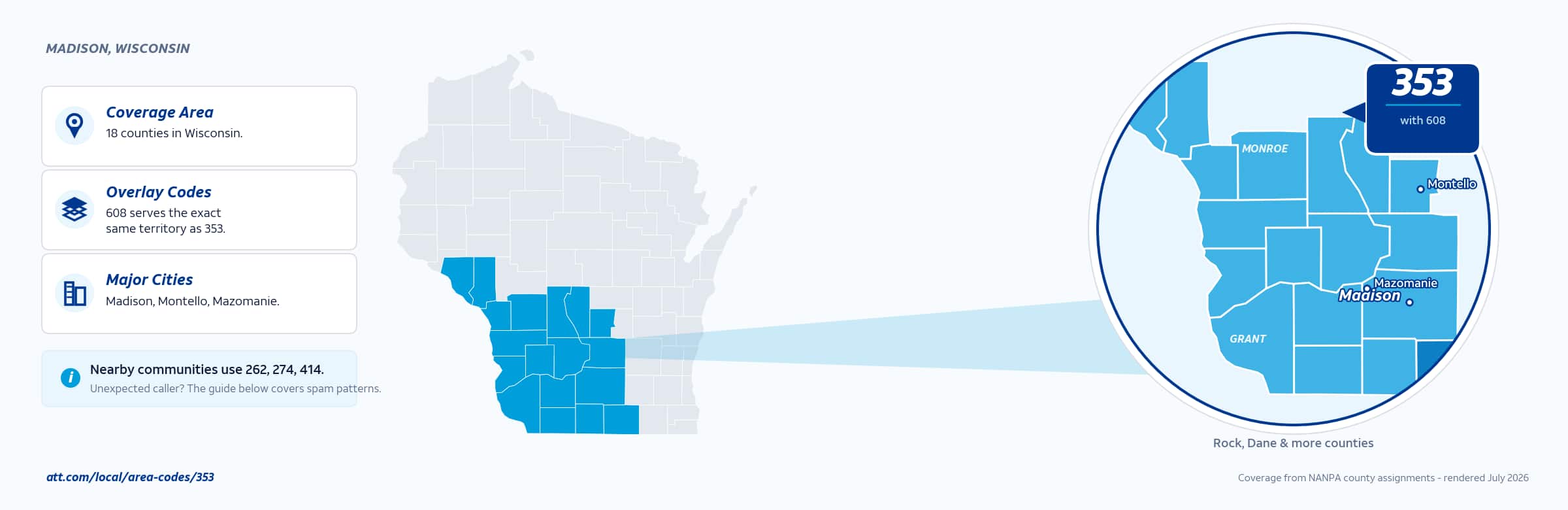 Map of area code 353 coverage in Wisconsin