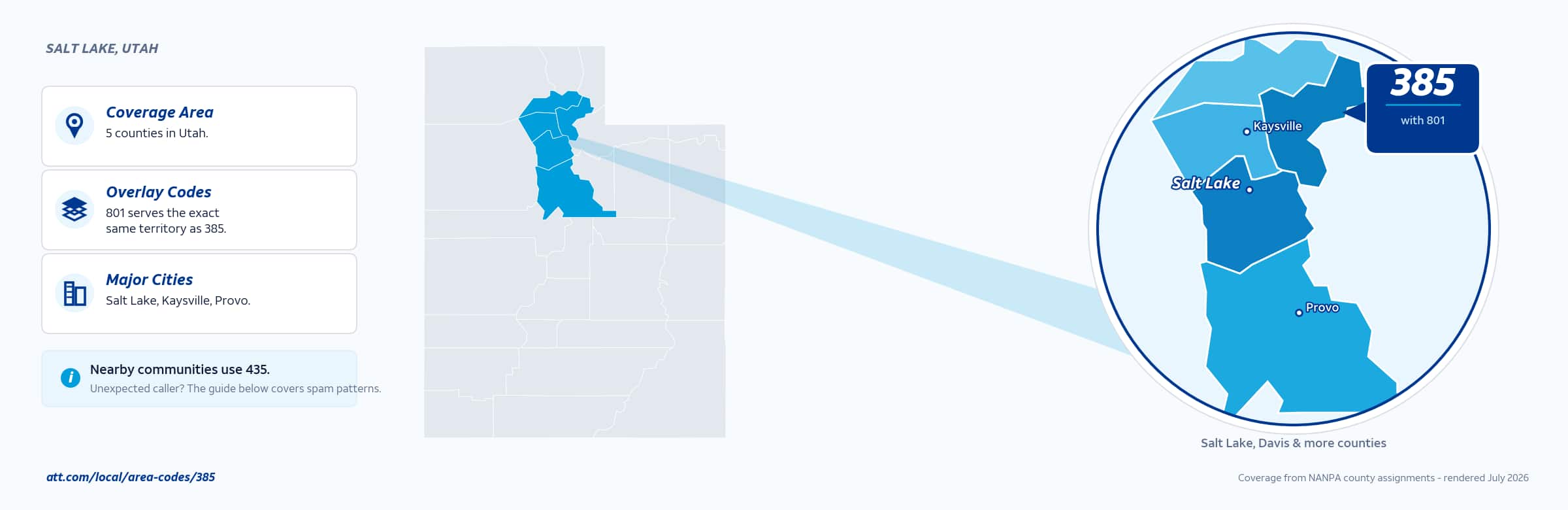 Map of area code 385 coverage in Utah