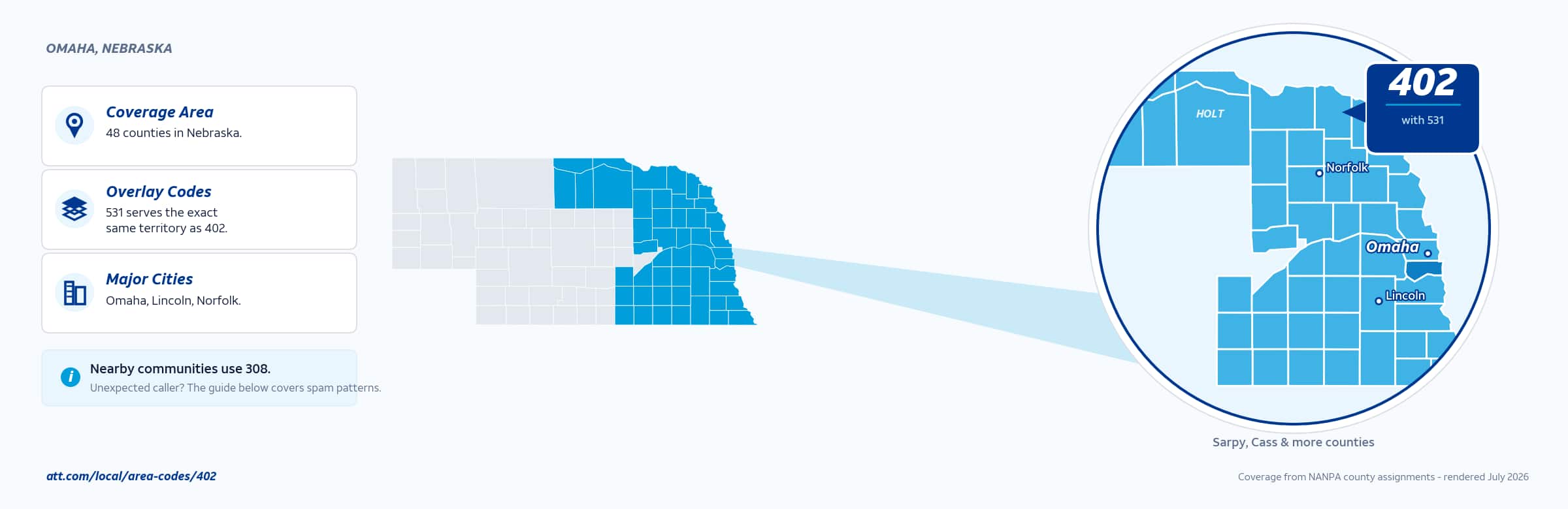 Map of area code 402 coverage in Nebraska