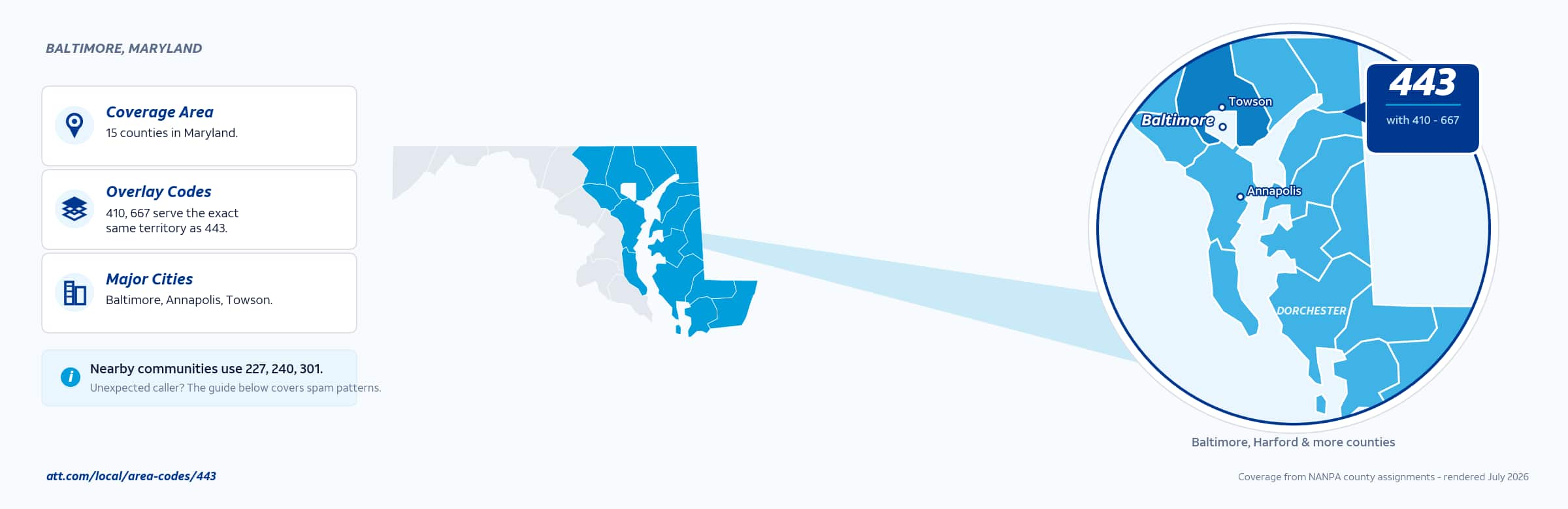Map of area code 443 coverage in Maryland