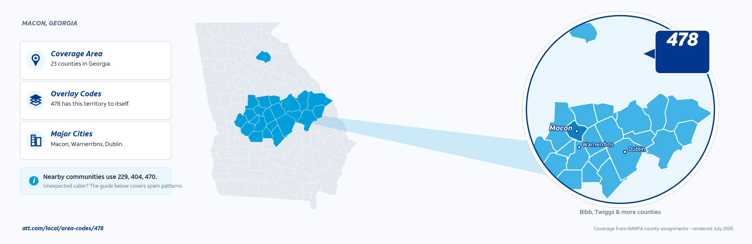 Map of area code 478 coverage in Georgia