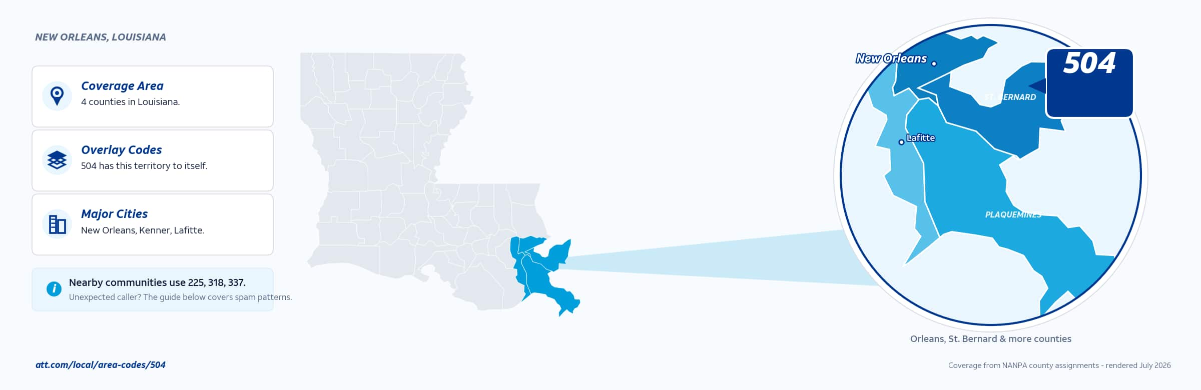 Map of area code 504 coverage in Louisiana