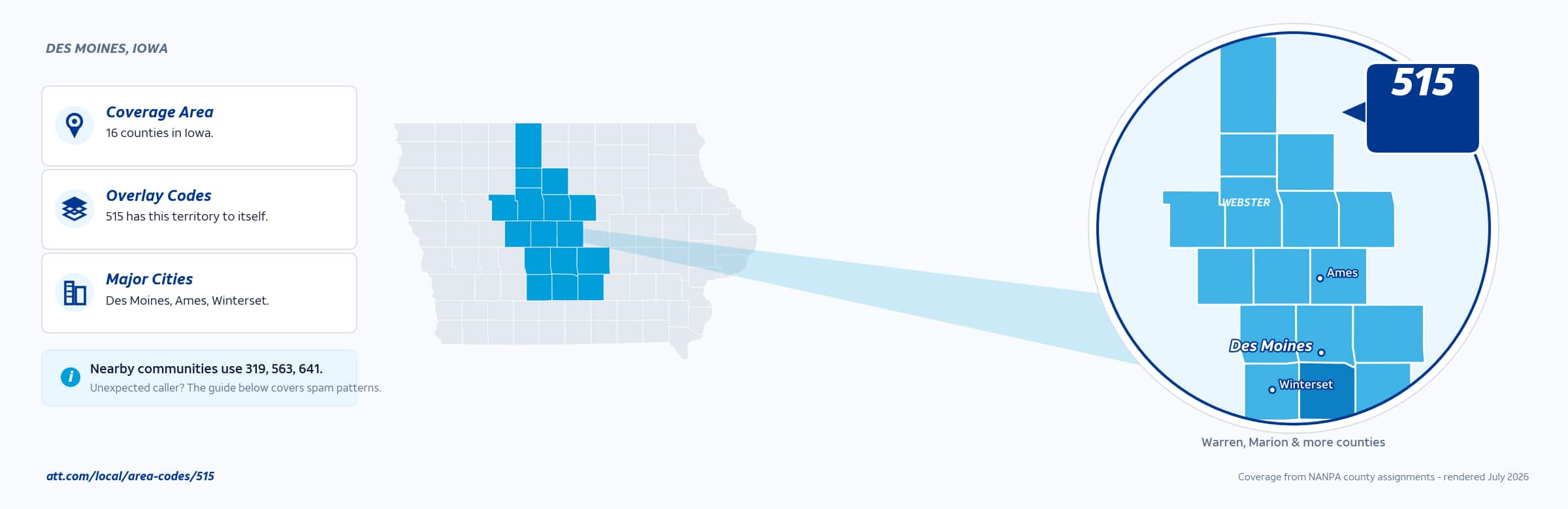 Map of area code 515 coverage in Iowa