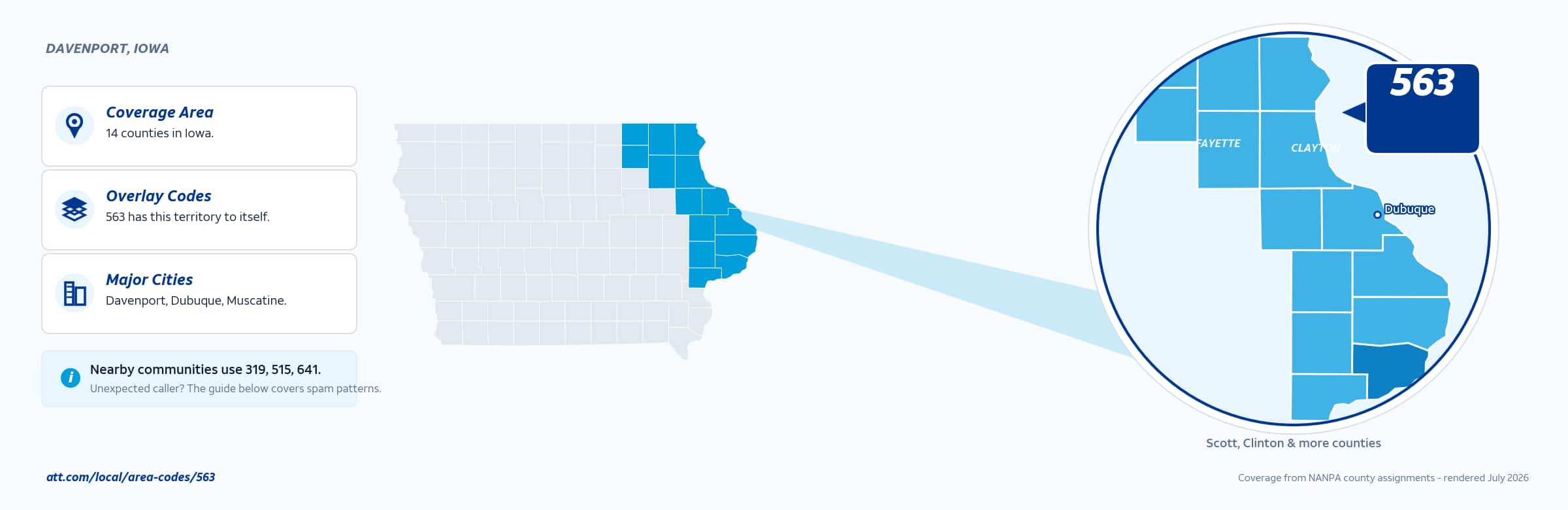 Map of area code 563 coverage in Iowa
