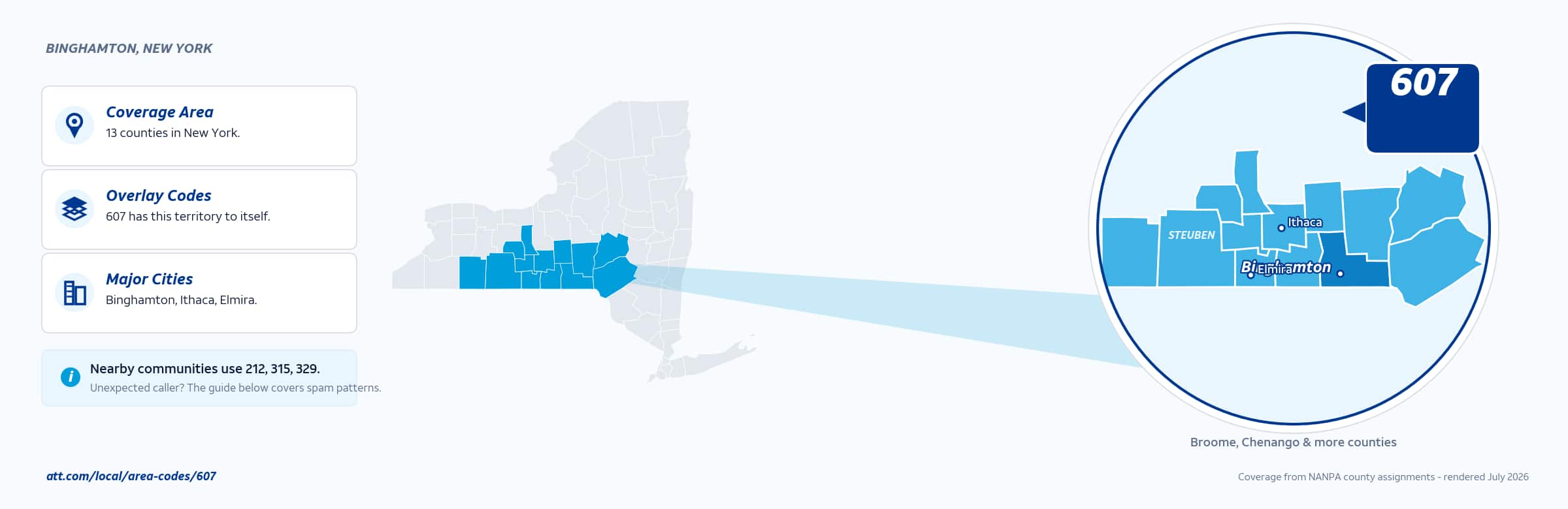 Map of area code 607 coverage in New York