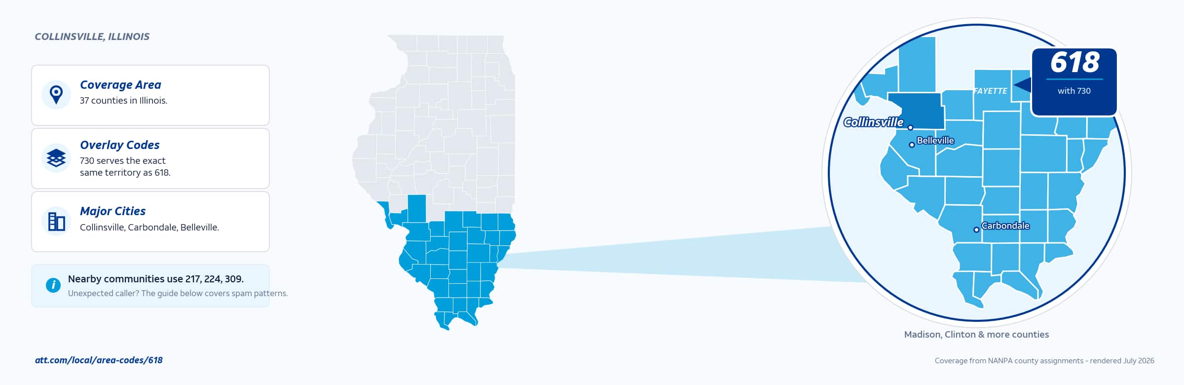 Map of area code 618 coverage in Illinois