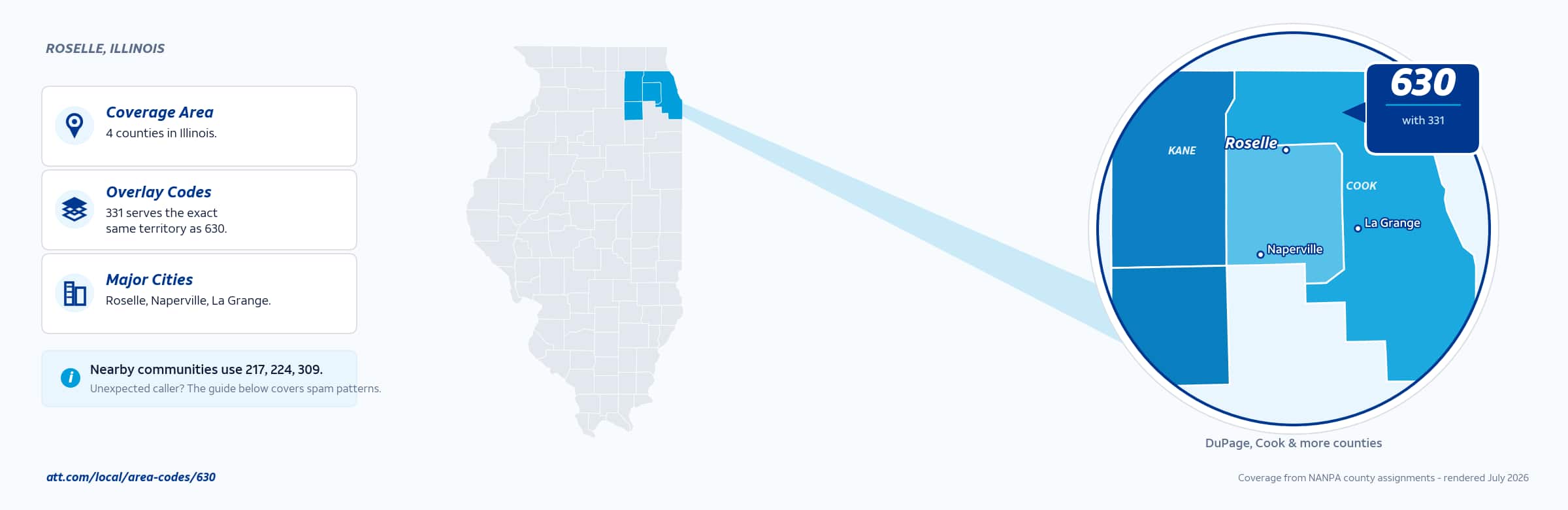 Map of area code 630 coverage in Illinois