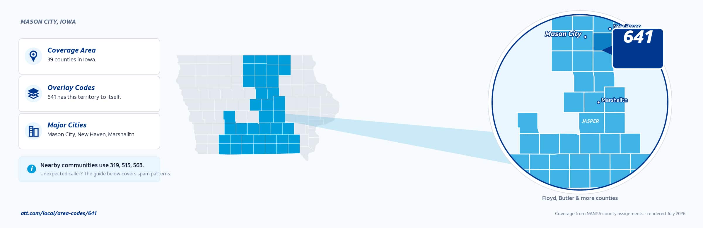 Map of area code 641 coverage in Iowa