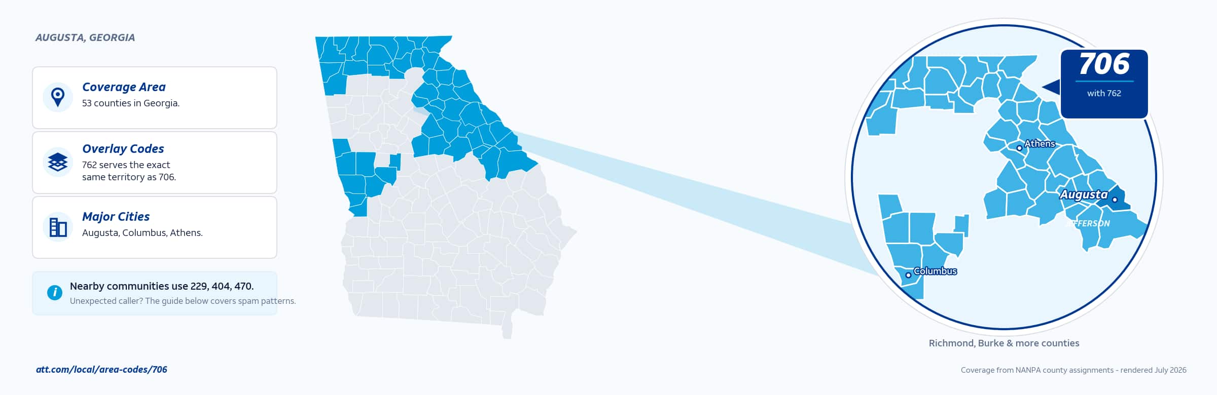 Map of area code 706 coverage in Georgia